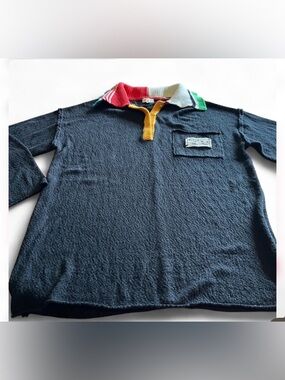 POL Women's Black Polo Top with Multicolor Striped Collar